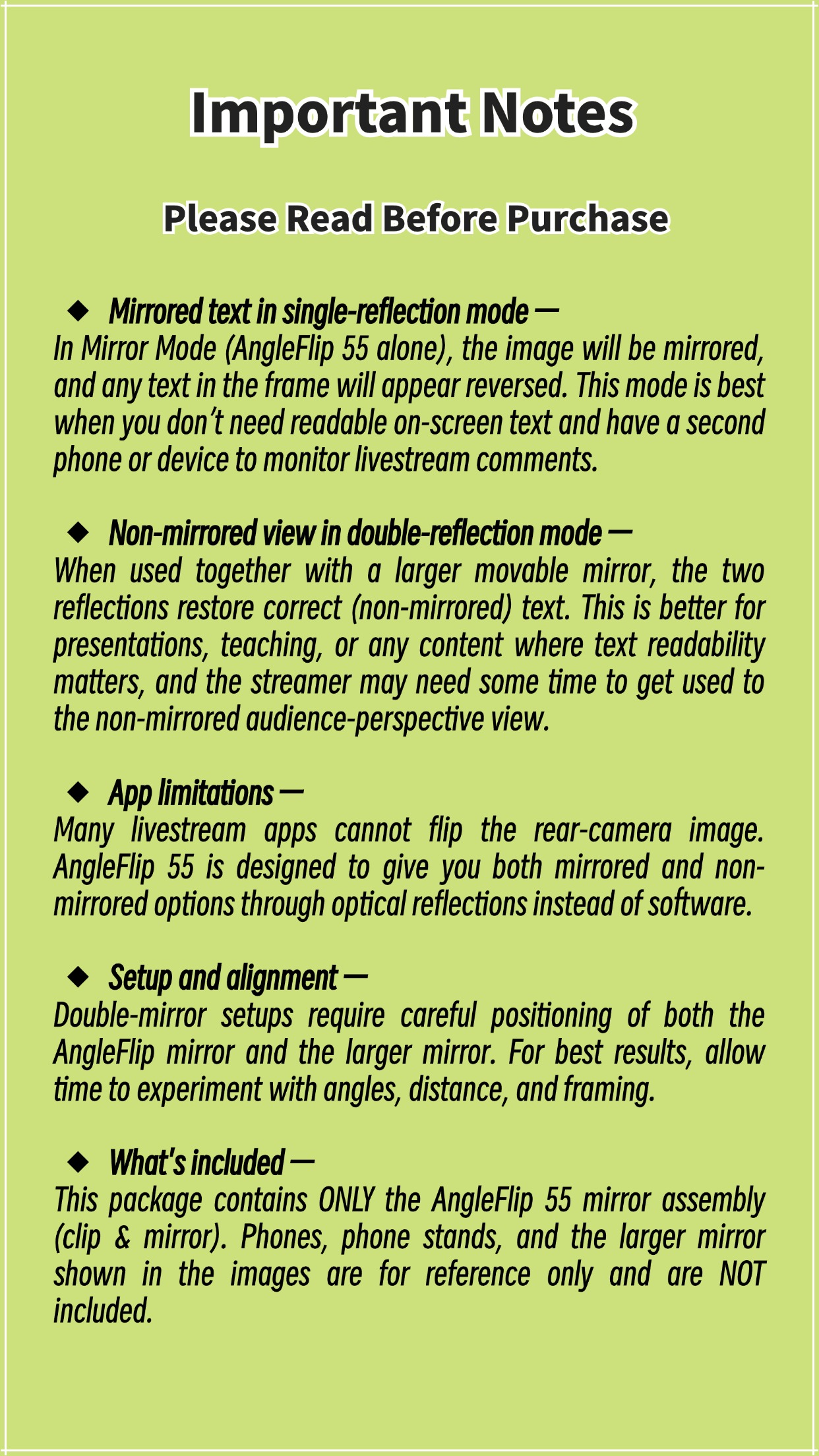 AngleFlip 55 Important Notes