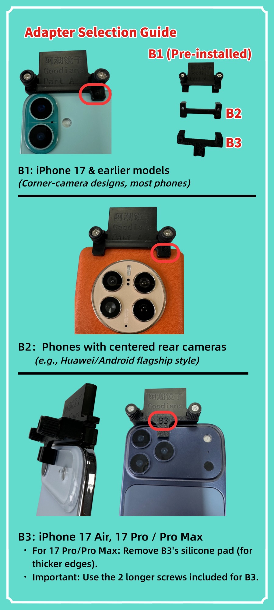 Front Mirror Duo Adapter Selection